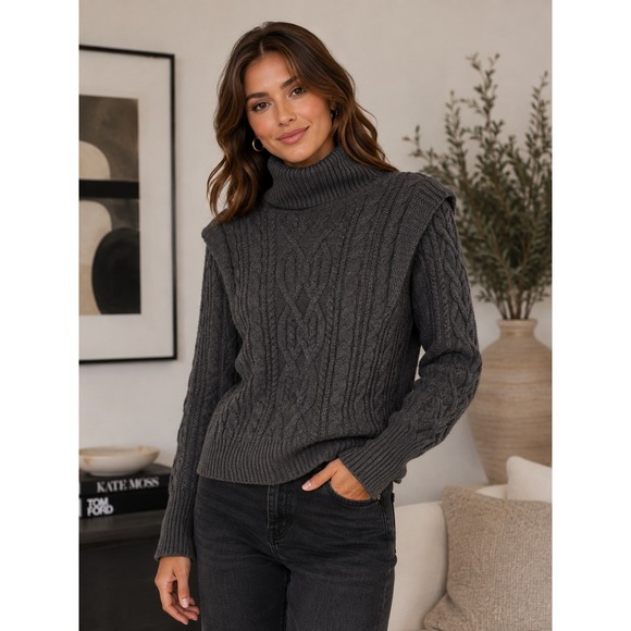 Skull Cashmere Sweaters - Skull Cashmere Charcoal Grey Cable Knit Turtleneck Sweater T45544 Mens S